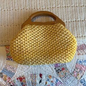 Vintage 70s ADG Made in Japan Crochet Butter Yellow Wooden Handle Handbag